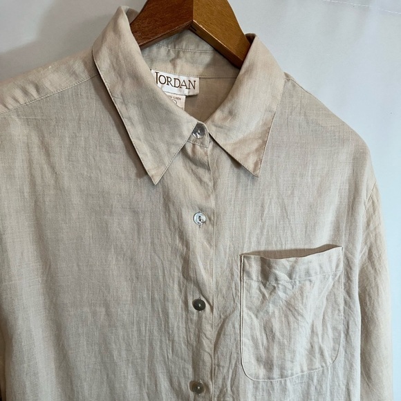 Jordan Womens Size L Vintage 100% Linen Shirt Button Up Long Sleeves Pocket Tan - Picture 2 of 10